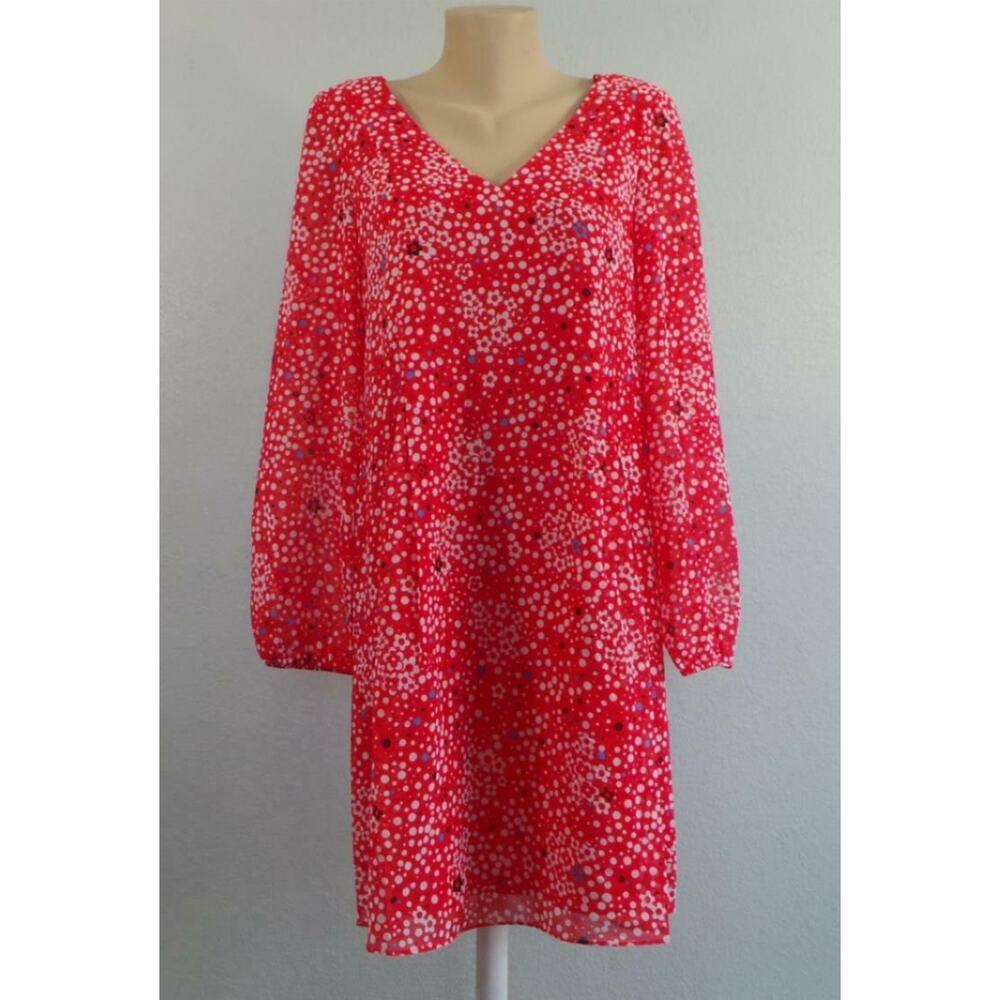 INC Dot Printed Shift Dress Lined Rose Ivory Tie Back Long Sleeves Womens Small‎